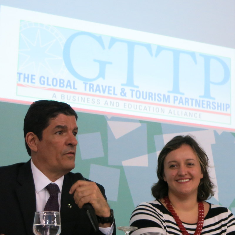 Vinicius Lages (Minister of Tourism) and Mariana Aldrigui (GTTP Brazil) talking about the need for better educated tourism professionals 
